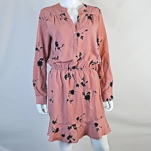 Joie Acey Antique Rose & Black Floral Long Sleeve Flounce Ruffle Hem Dre… - Picture 3 of 16